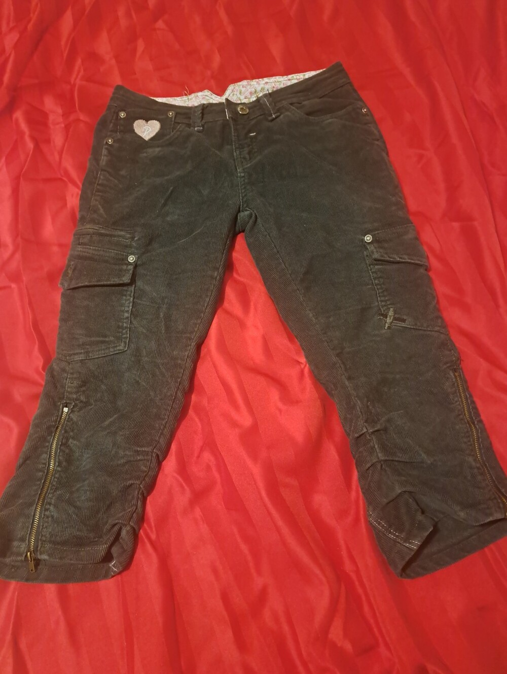 Pudding Jeans Corduroy Cropped Capri Cargo Jeans in Charcaol with Heart Accent